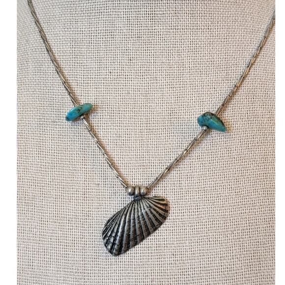 Vintage Sterling Silver Shell Twisted Bead Turquoise Chip Barrel Clasp Choker - Picture 4 of 7